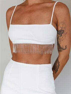 Selfie Leslie Call On Me Diamante Fringe Top White